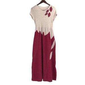Boho Lagenlook Linen Knit Midi Dress Leaf Appliqué Natural Beige Burgundy Small